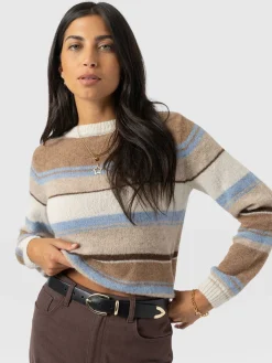 Ariella Boat Neck Sweater - Blue/Brown Stripe