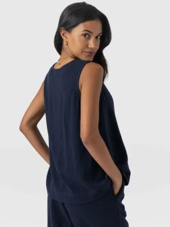 Corinne Linen V Neck Tunic - Navy