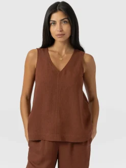 Corinne Linen V Neck Tunic - Russet Brown