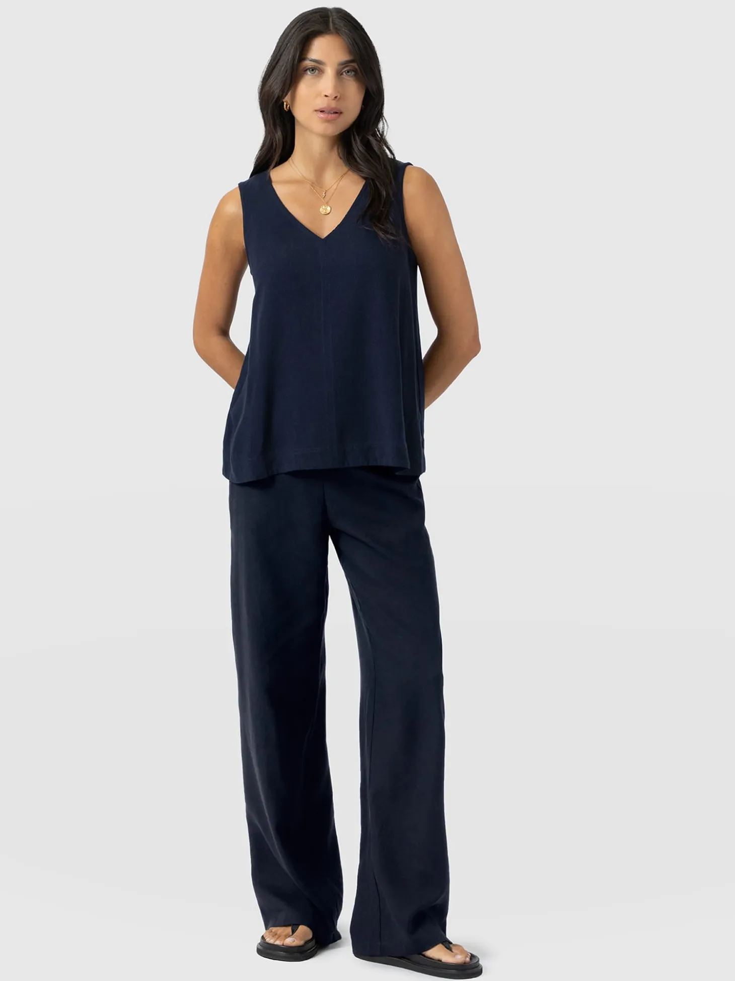 Corinne Wide Leg Linen Pant - Navy