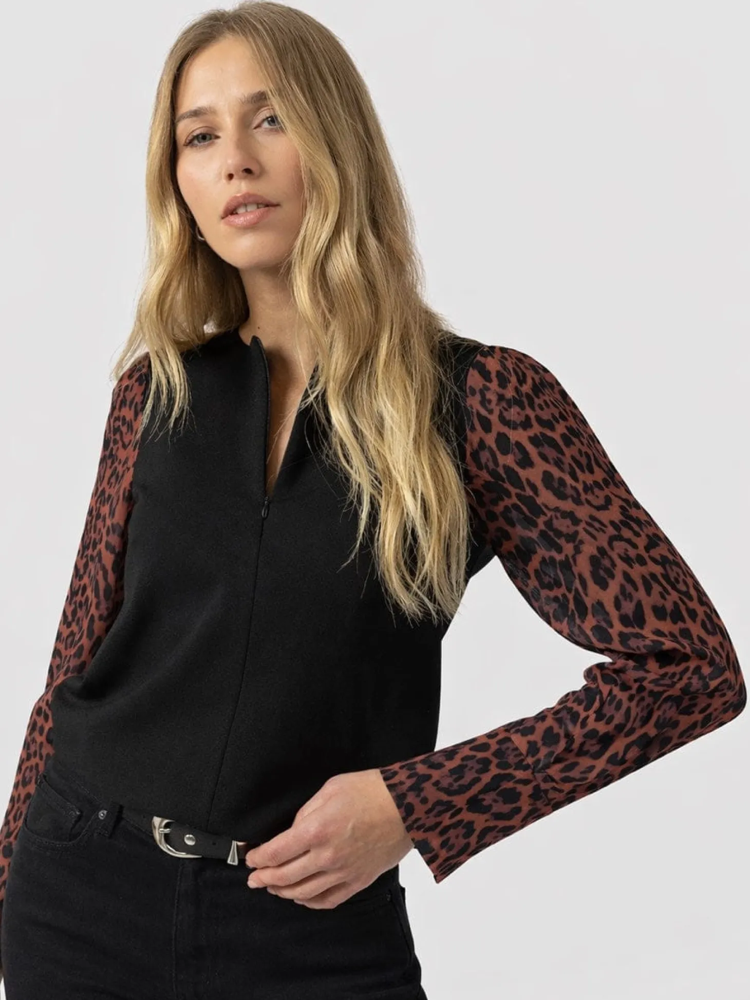 Ella Zip Up Top - Brown Leopard