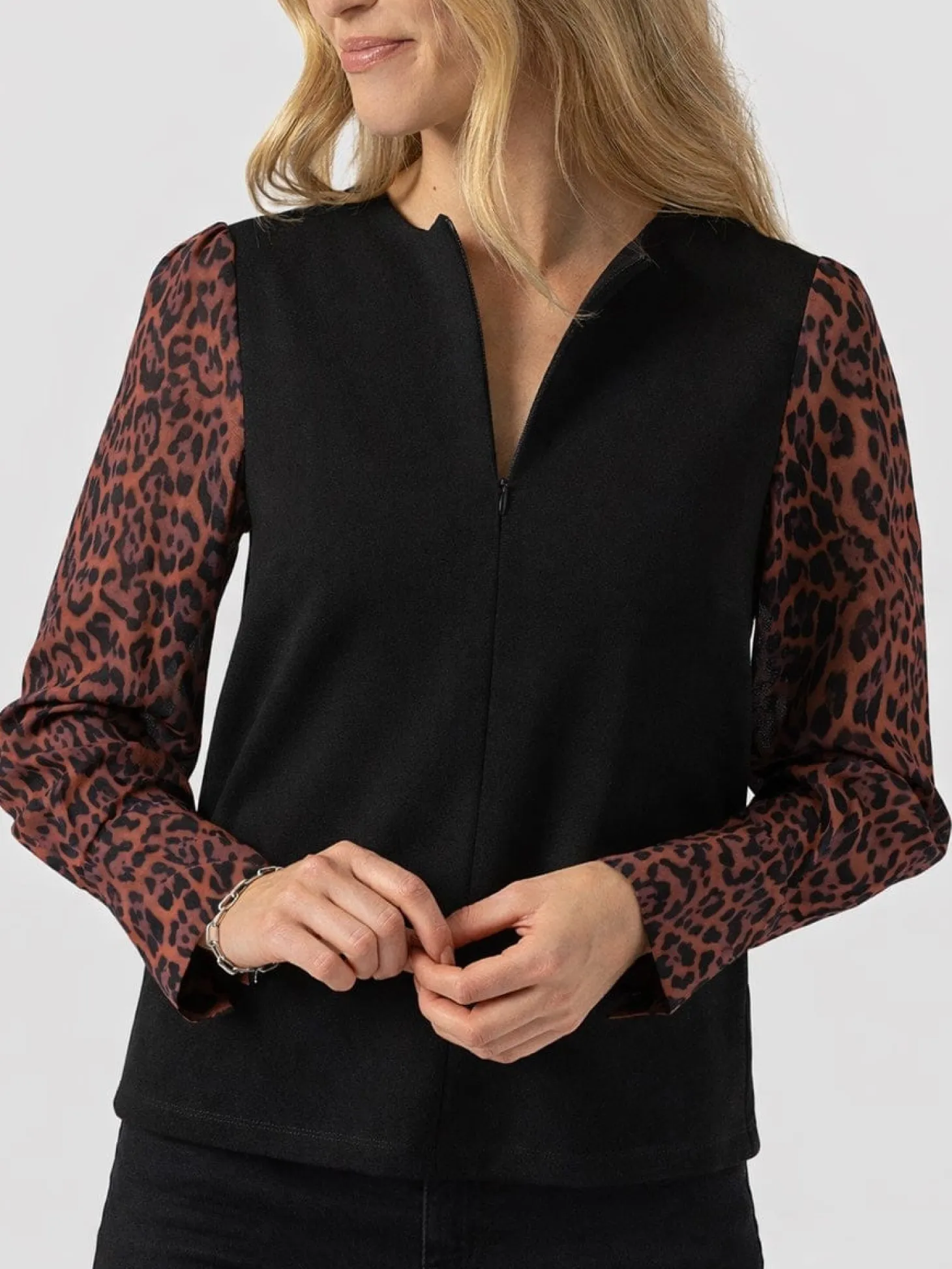 Ella Zip Up Top - Brown Leopard