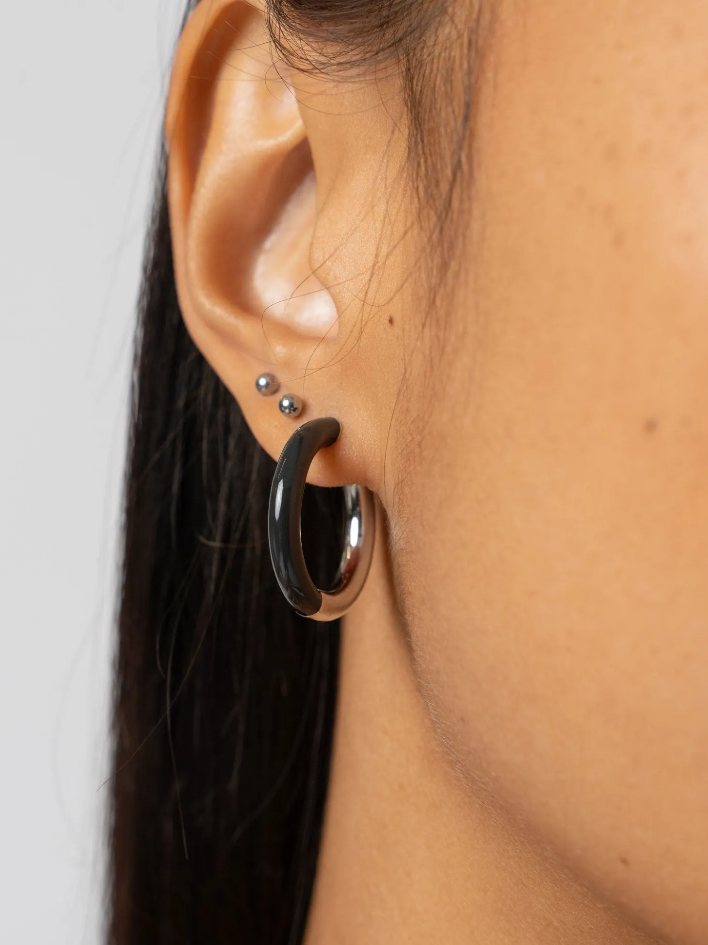 Enamel Hoop Earrings - Silver/Black