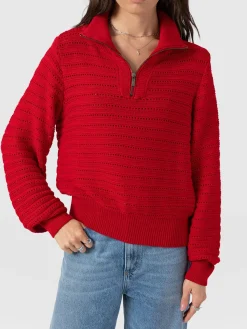 Ester Quarter Zip Knit - Red
