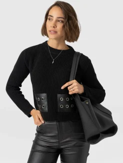 Eyelet Rib Knit Sweater - Black
