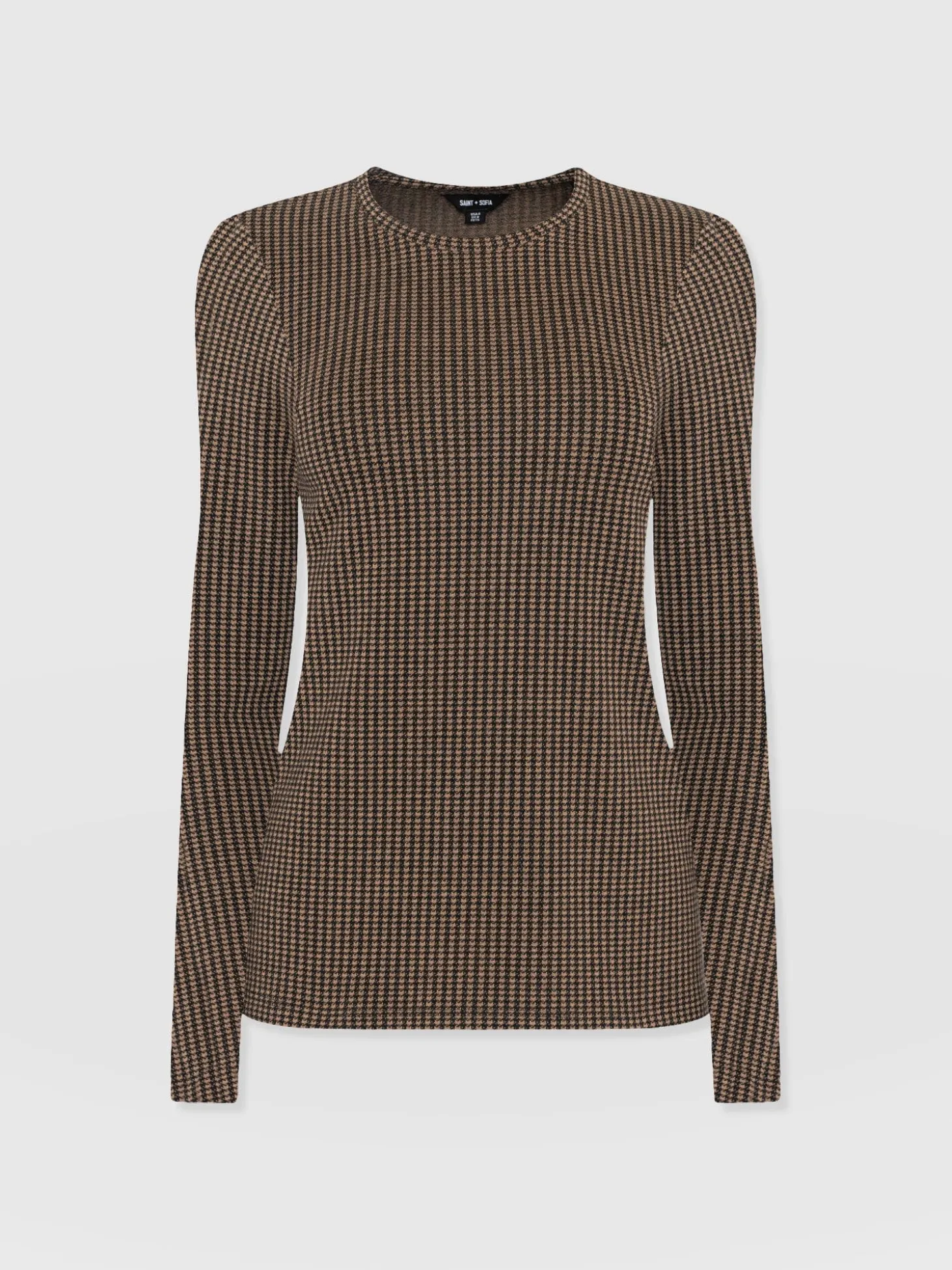 Glen Crew Neck Tee Long Sleeve - Brown Mini Houndstooth