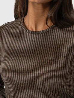 Glen Crew Neck Tee Long Sleeve - Brown Mini Houndstooth