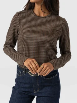 Glen Crew Neck Tee Long Sleeve - Brown Mini Houndstooth