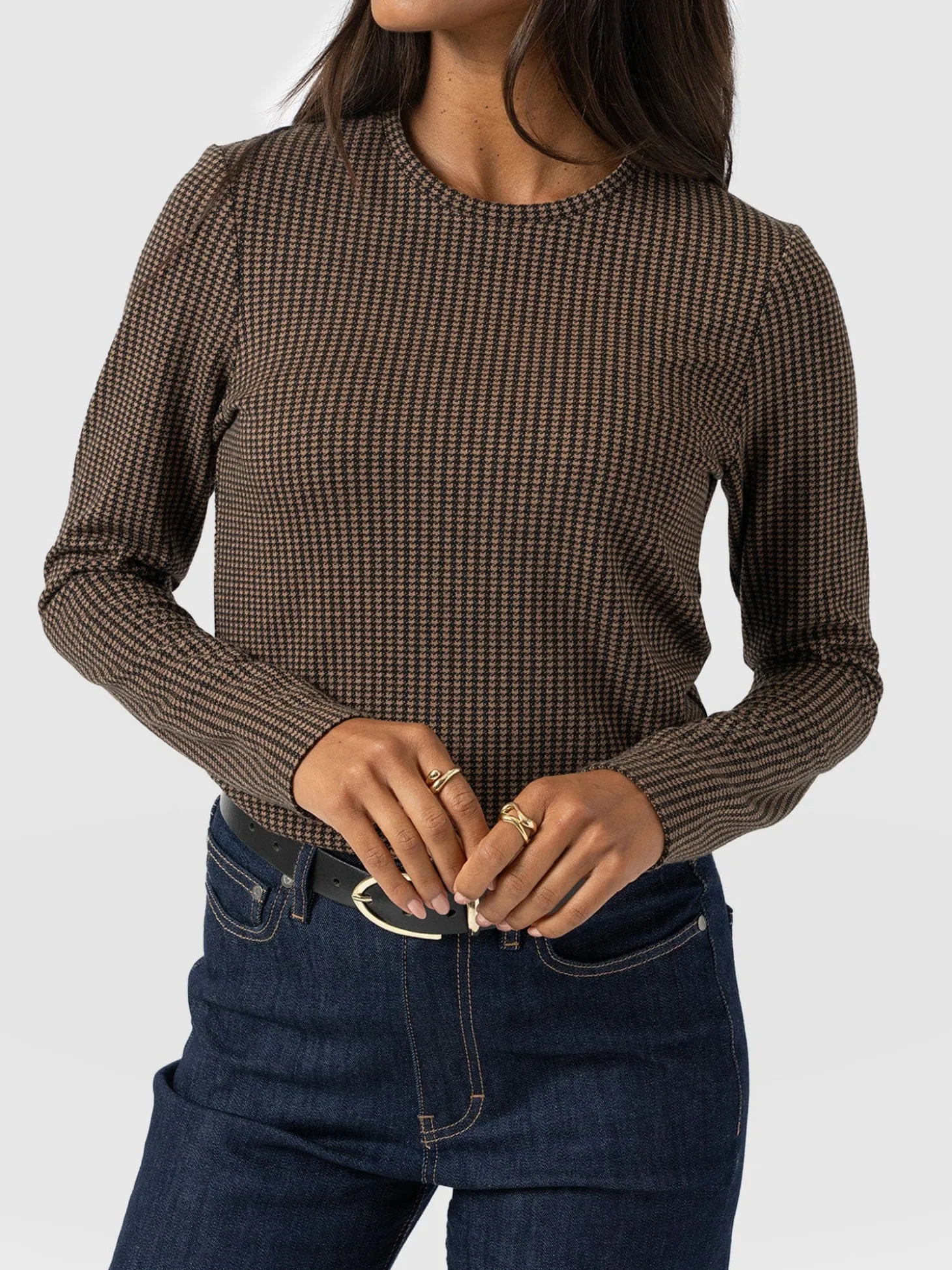 Glen Crew Neck Tee Long Sleeve - Brown Mini Houndstooth