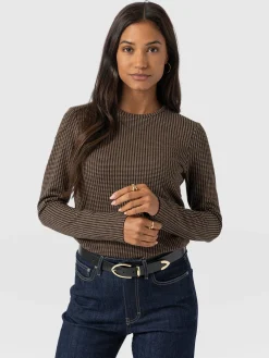 Glen Crew Neck Tee Long Sleeve - Brown Mini Houndstooth