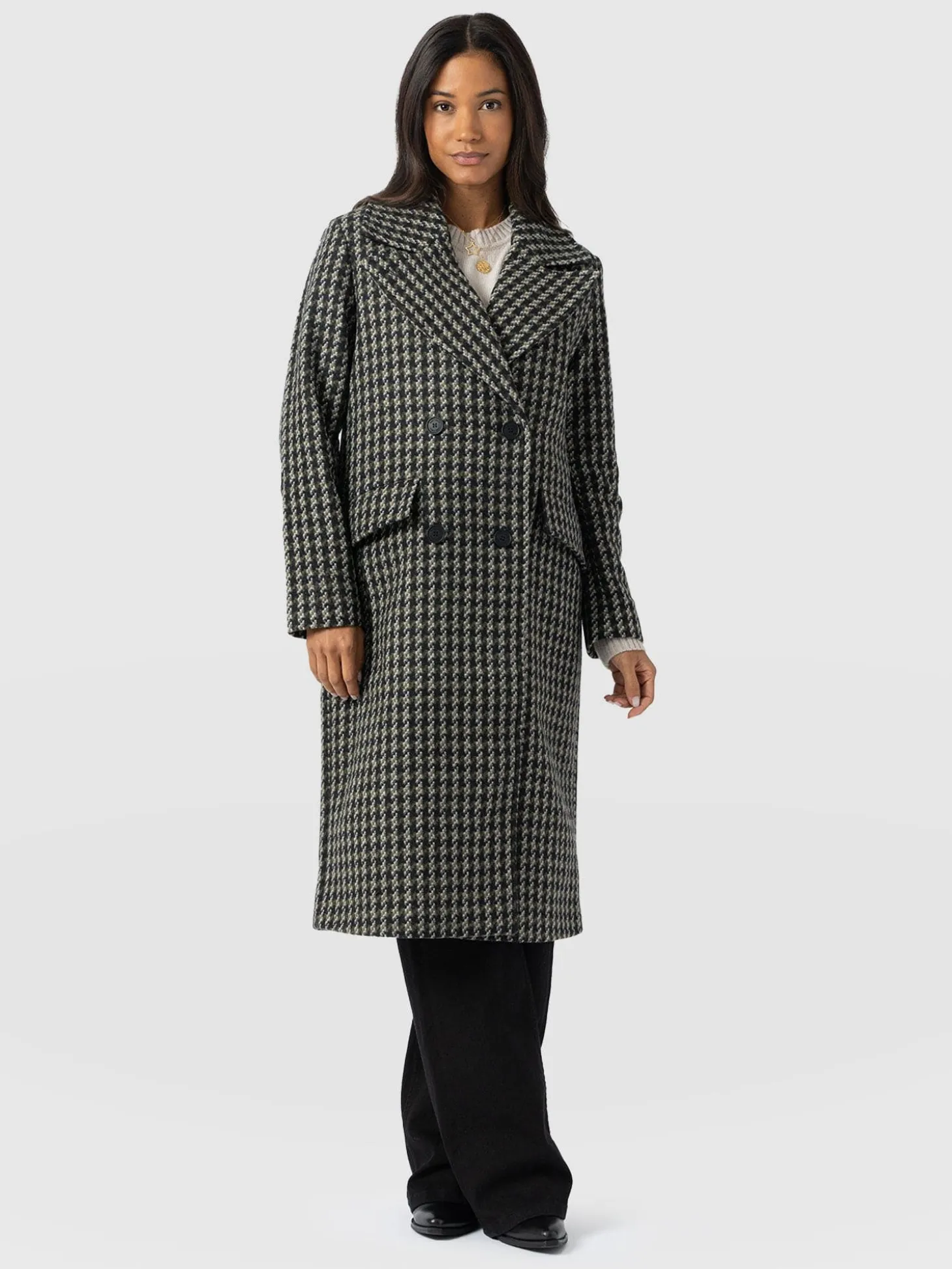 Hampton Coat - Olive Houndstooth