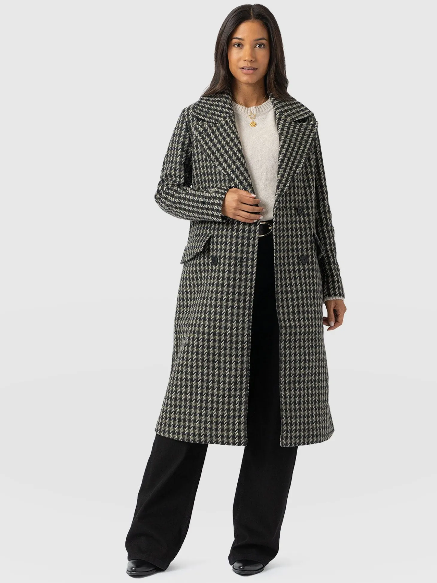 Hampton Coat - Olive Houndstooth