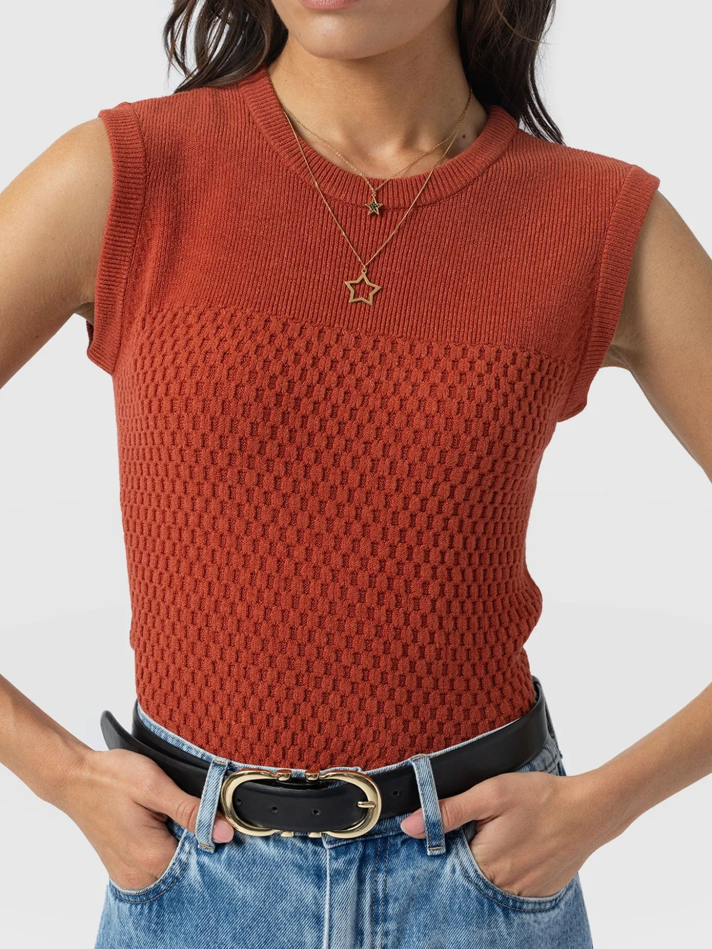 Honeycomb Sleeveless Rib Knit - Burnt Orange
