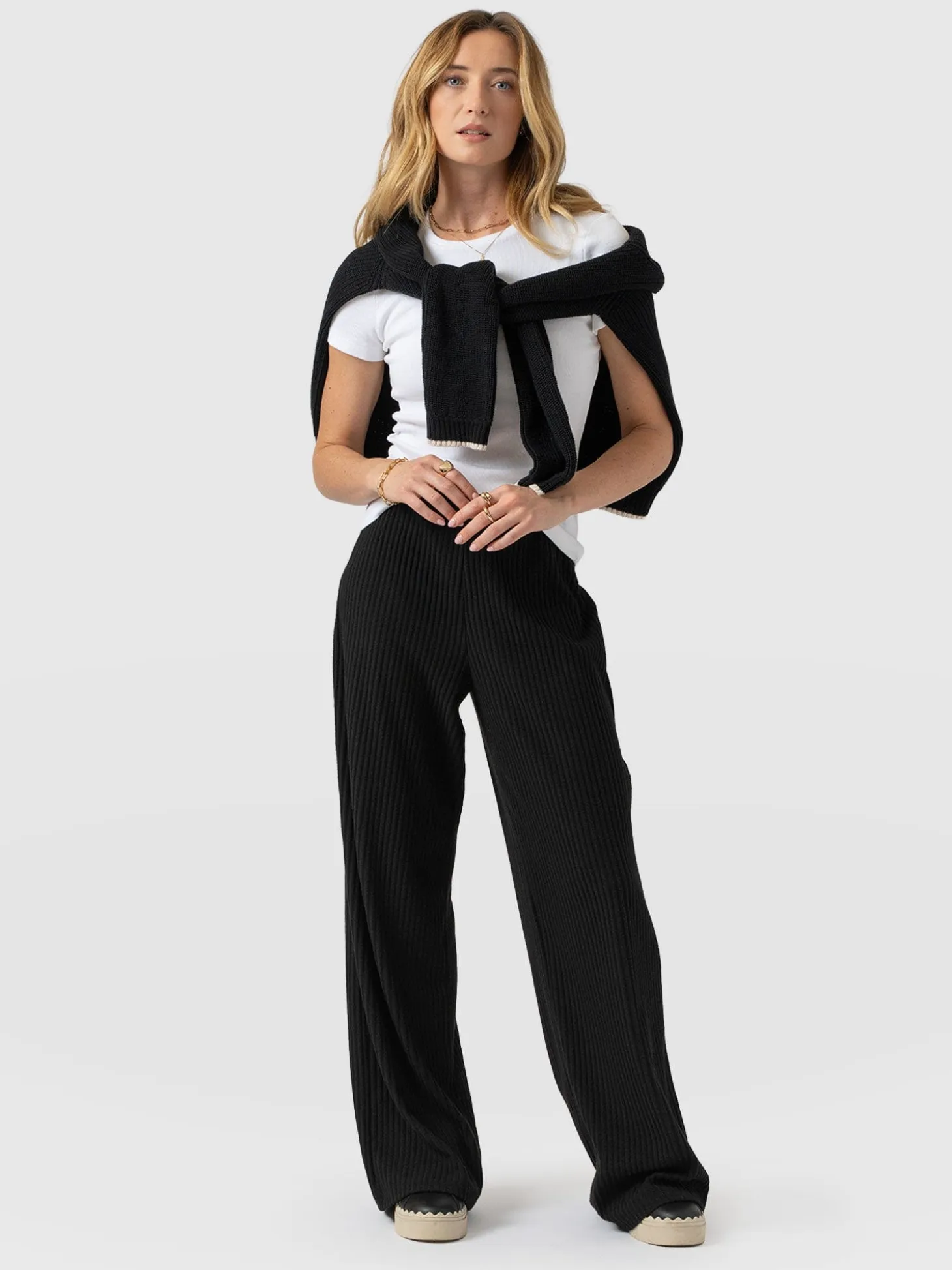 Hoxton Wide Leg Pant - Black Rib