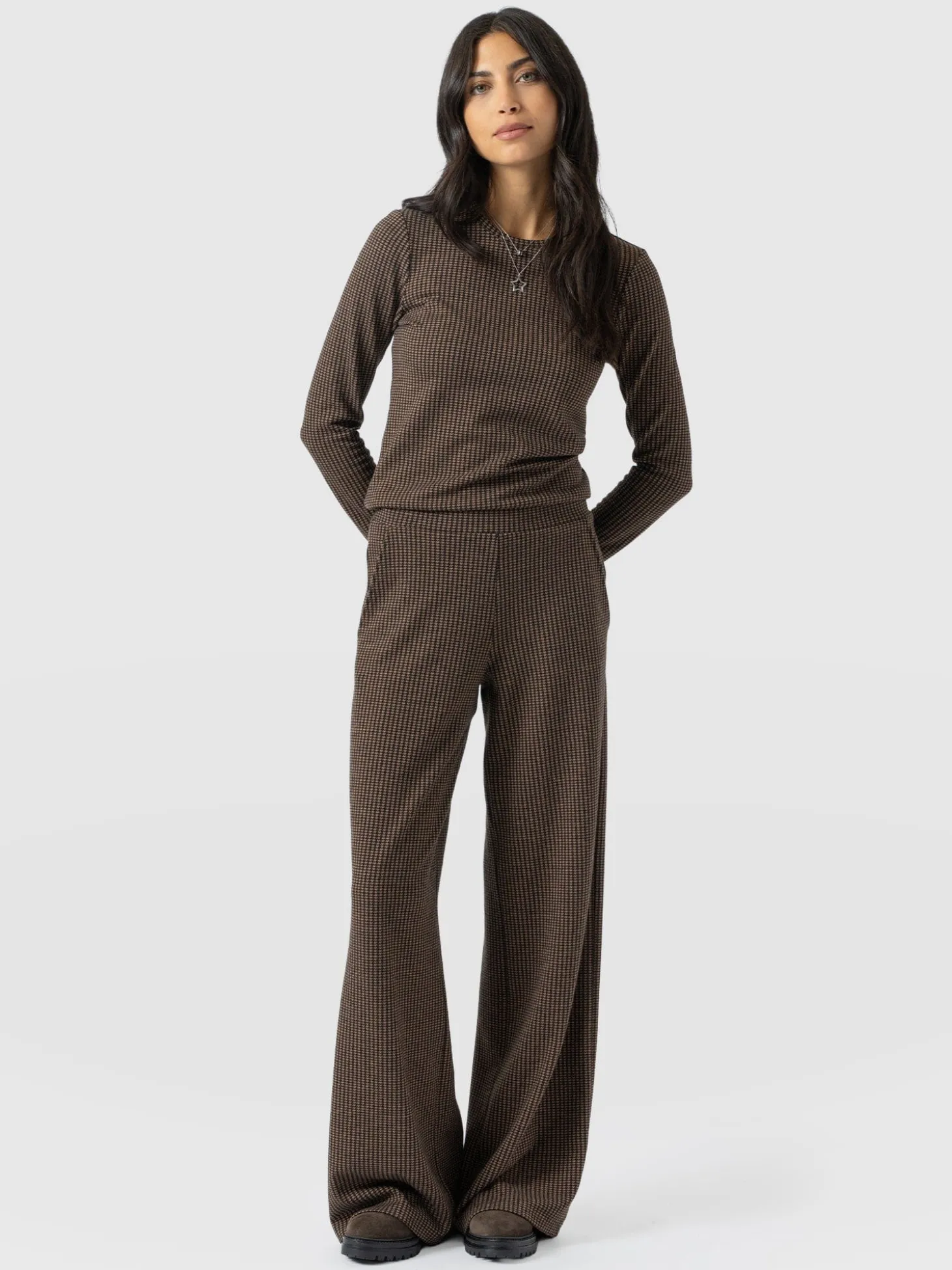 Keller Wide Leg Pant - Brown Mini Houndstooth