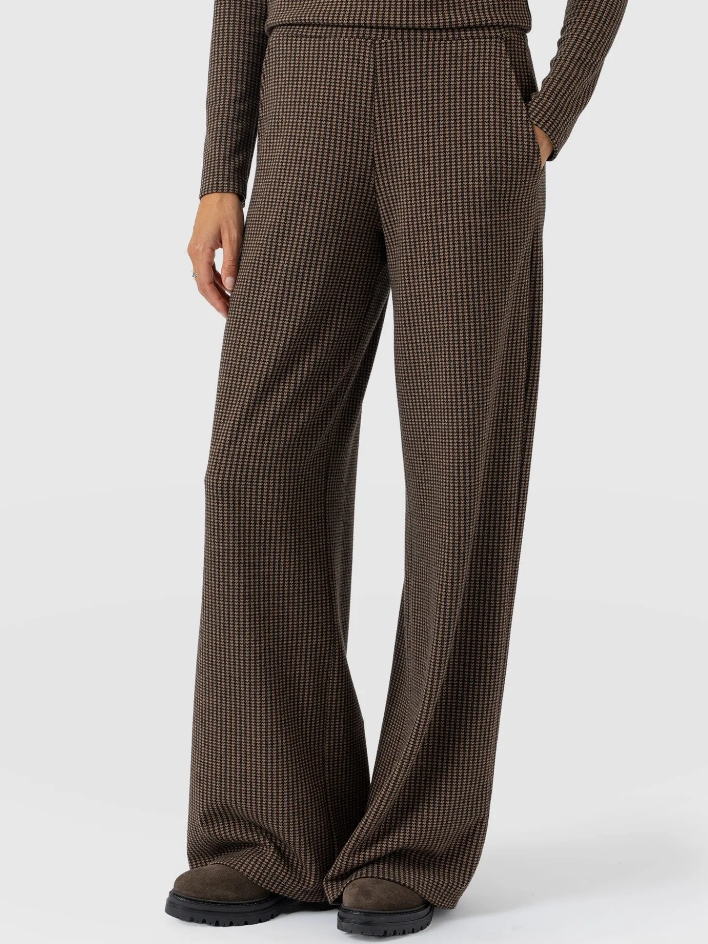 Keller Wide Leg Pant - Brown Mini Houndstooth