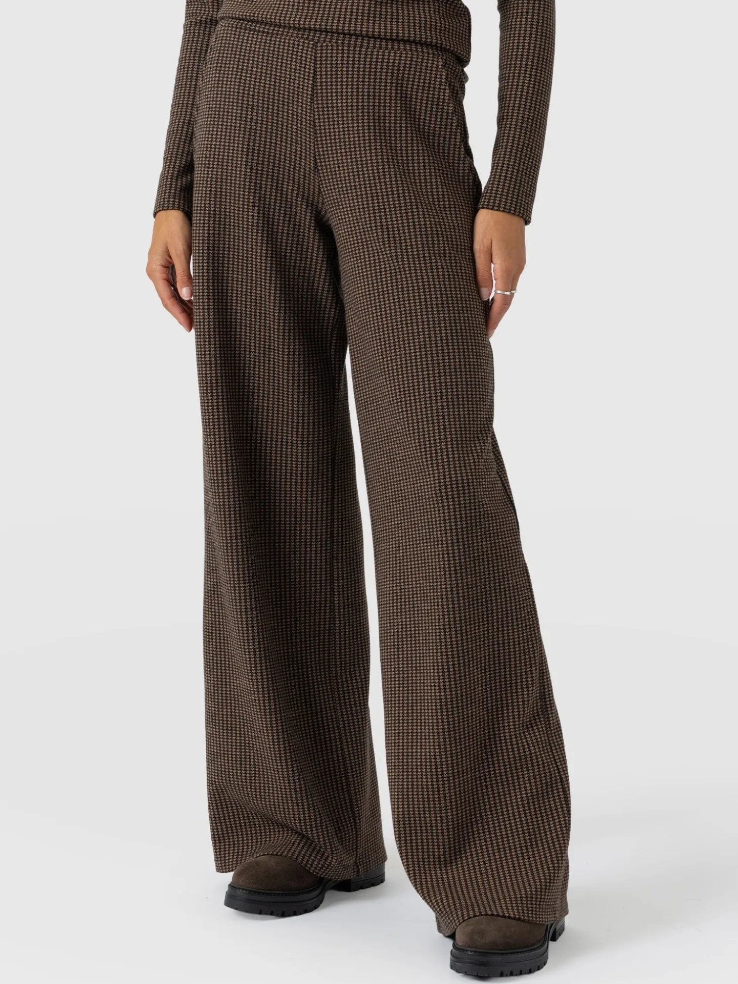 Keller Wide Leg Pant - Brown Mini Houndstooth