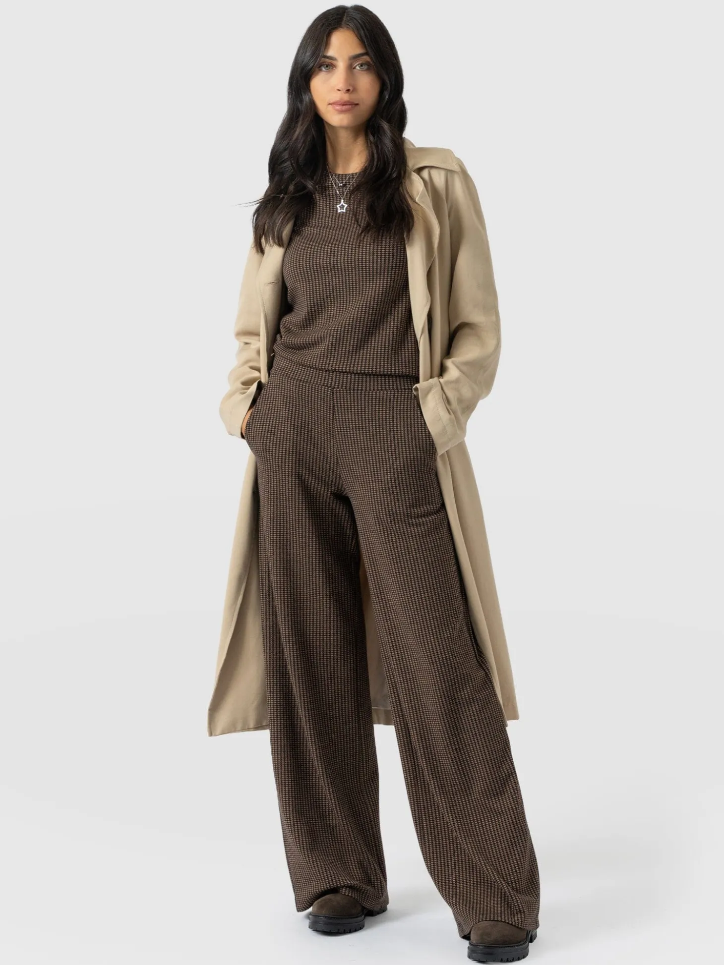 Keller Wide Leg Pant - Brown Mini Houndstooth
