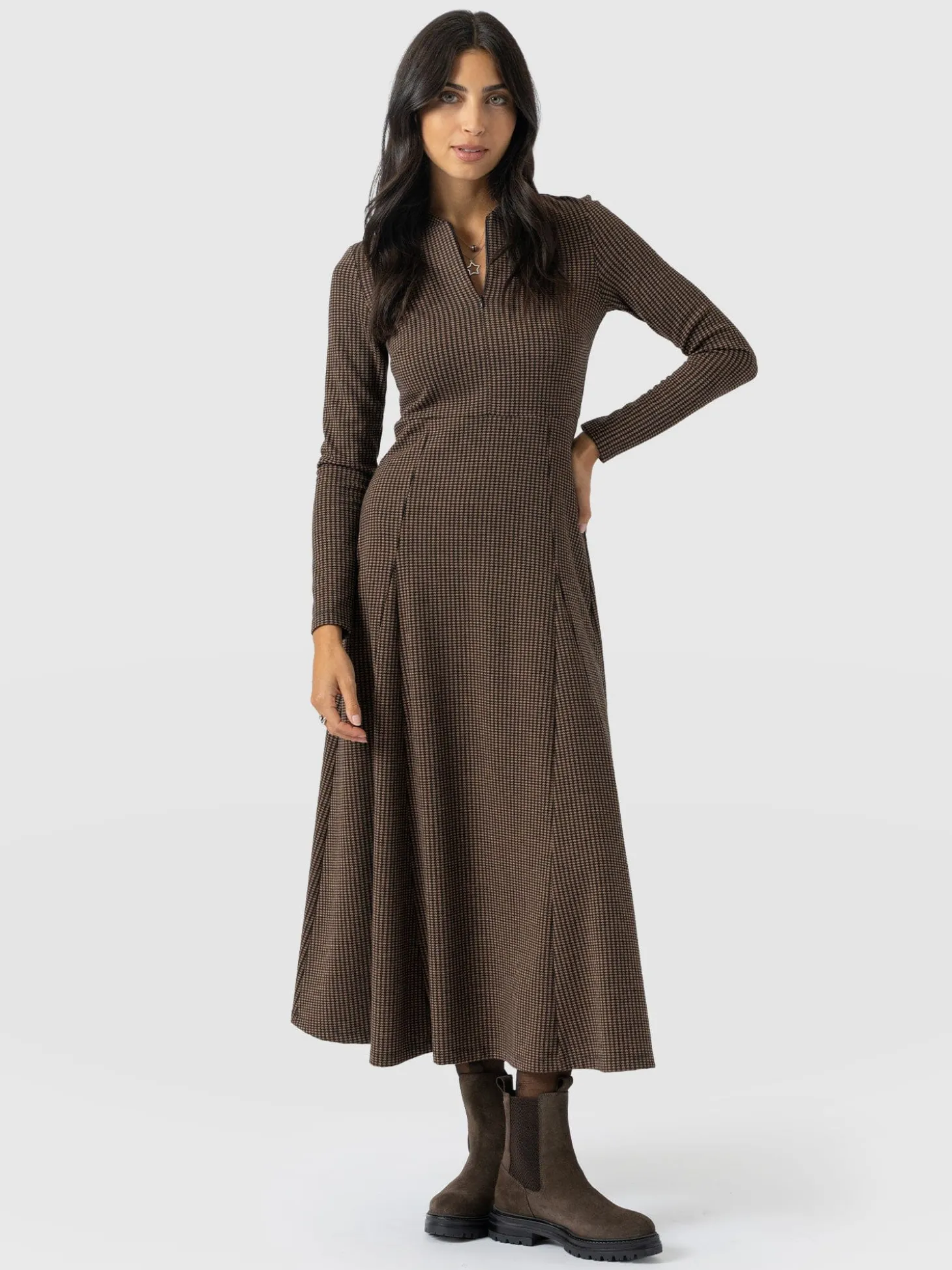 Macie Zip Up Dress - Brown Mini Houndstooth