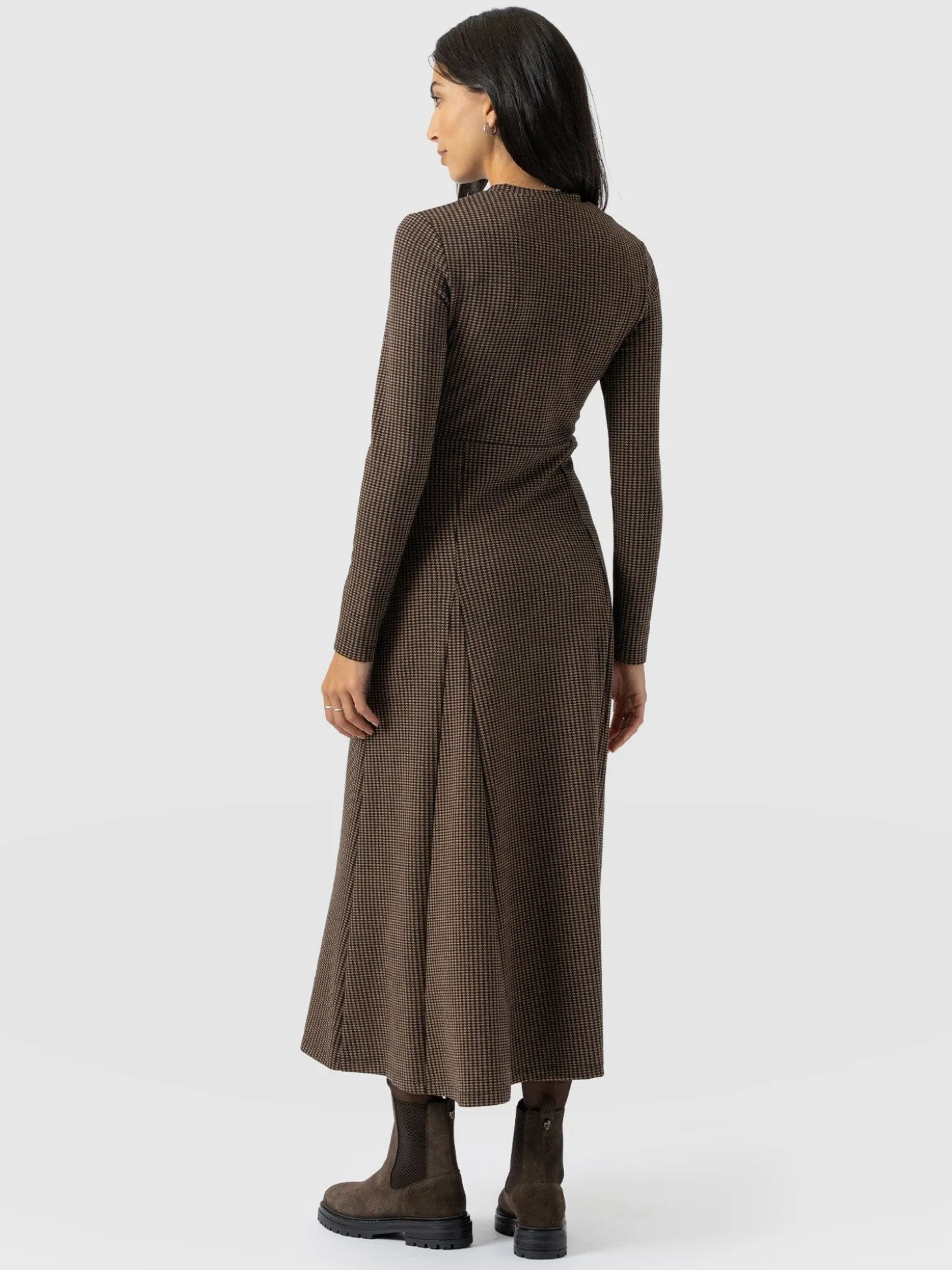 Macie Zip Up Dress - Brown Mini Houndstooth