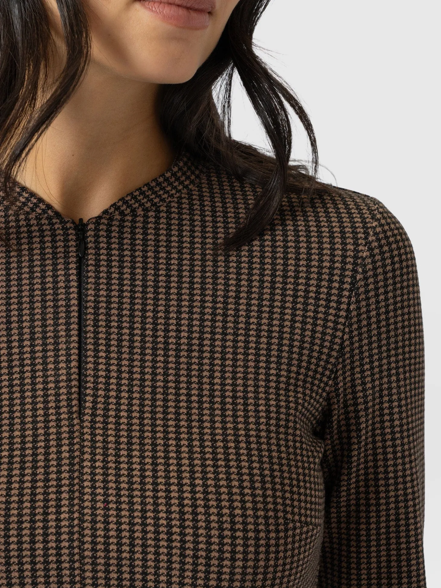 Macie Zip Up Dress - Brown Mini Houndstooth