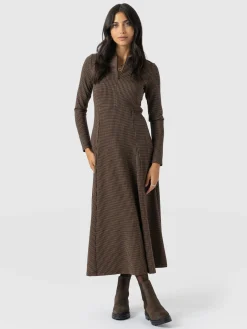 Macie Zip Up Dress - Brown Mini Houndstooth