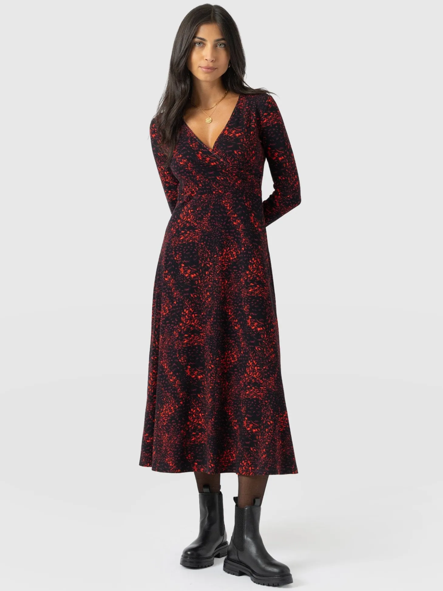 Maggie Wrap Midi Dress - Red Fade Spot