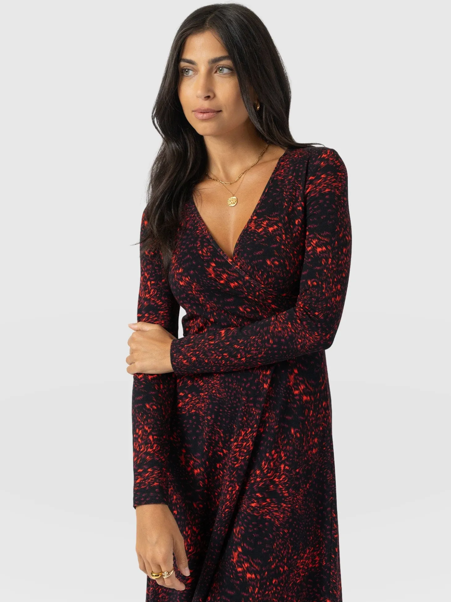 Maggie Wrap Midi Dress - Red Fade Spot