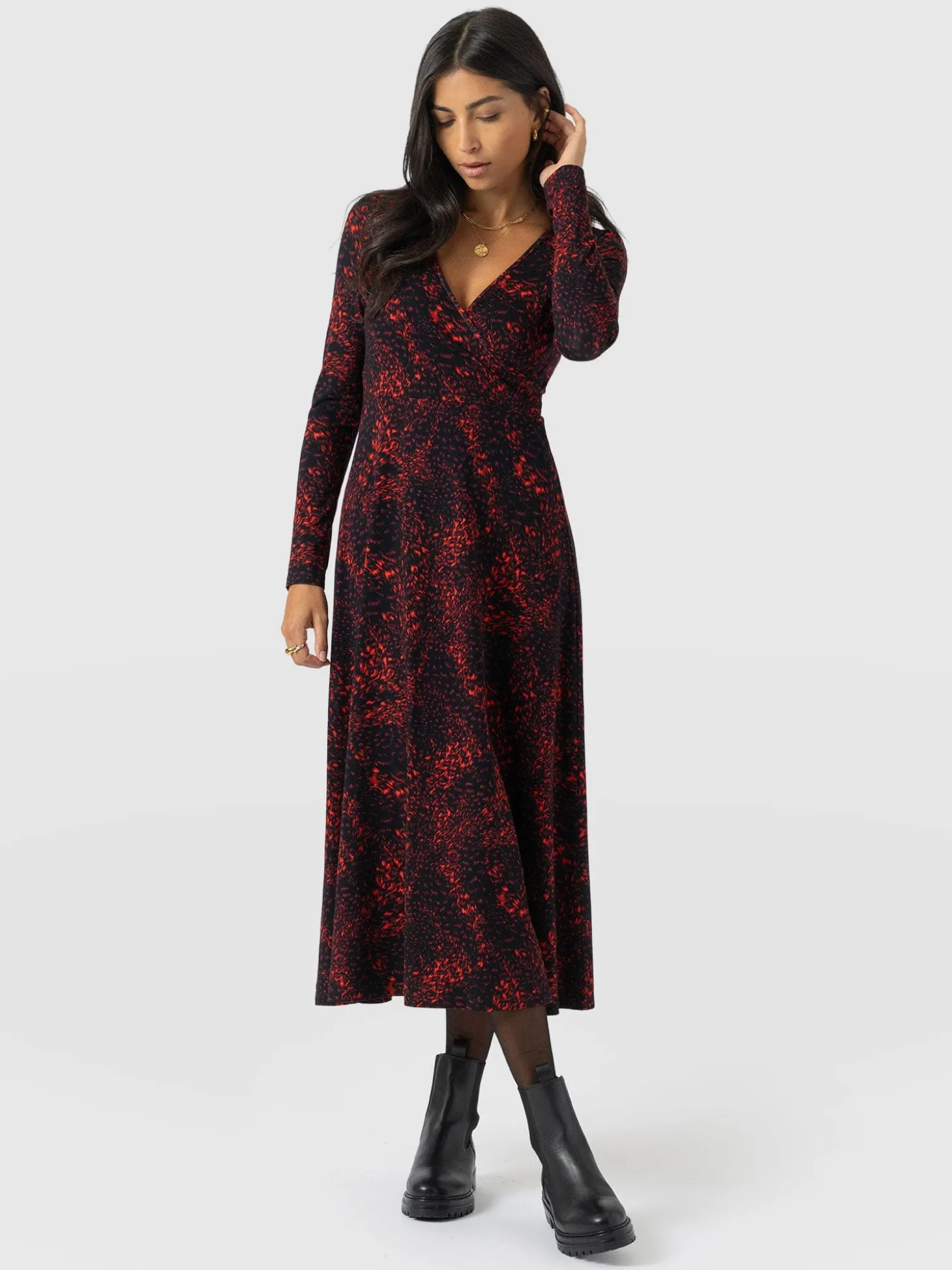 Maggie Wrap Midi Dress - Red Fade Spot