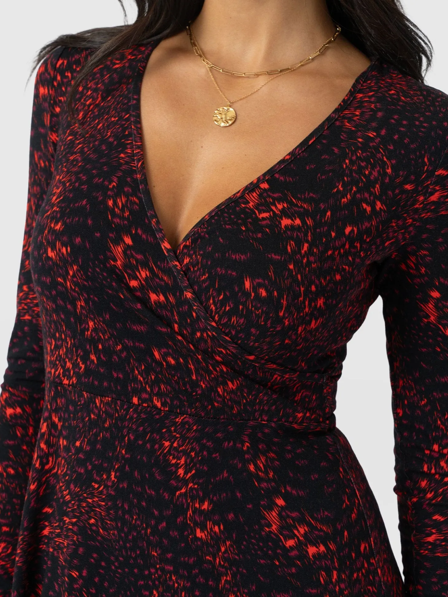 Maggie Wrap Midi Dress - Red Fade Spot