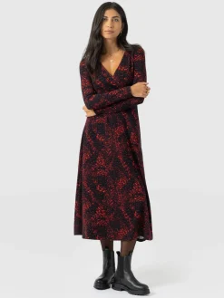 Maggie Wrap Midi Dress - Red Fade Spot