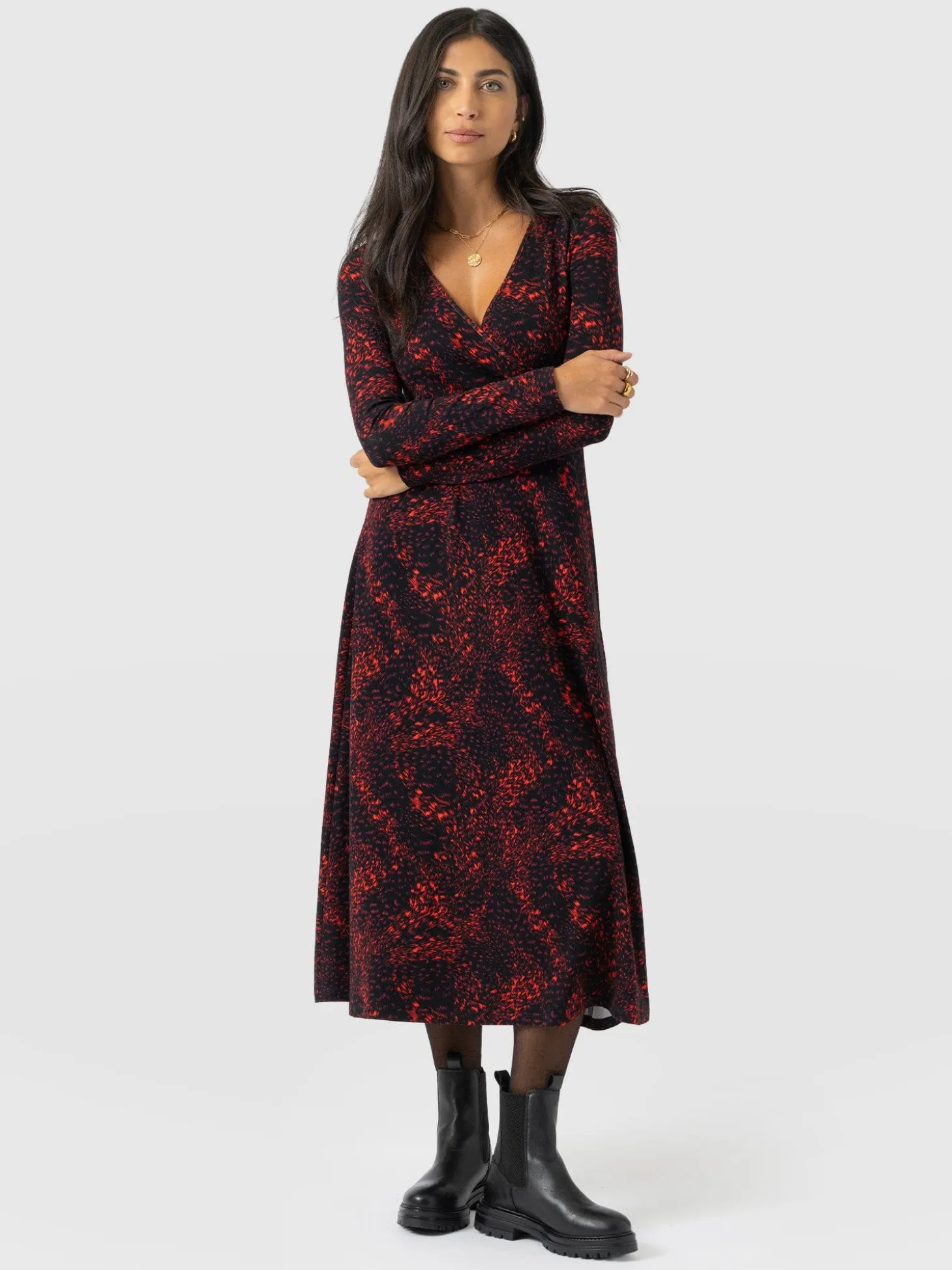 Maggie Wrap Midi Dress - Red Fade Spot