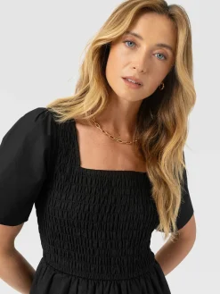 Maya Shirring Peplum Top - Black