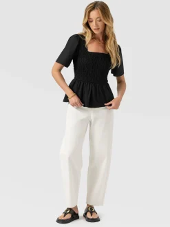Maya Shirring Peplum Top - Black