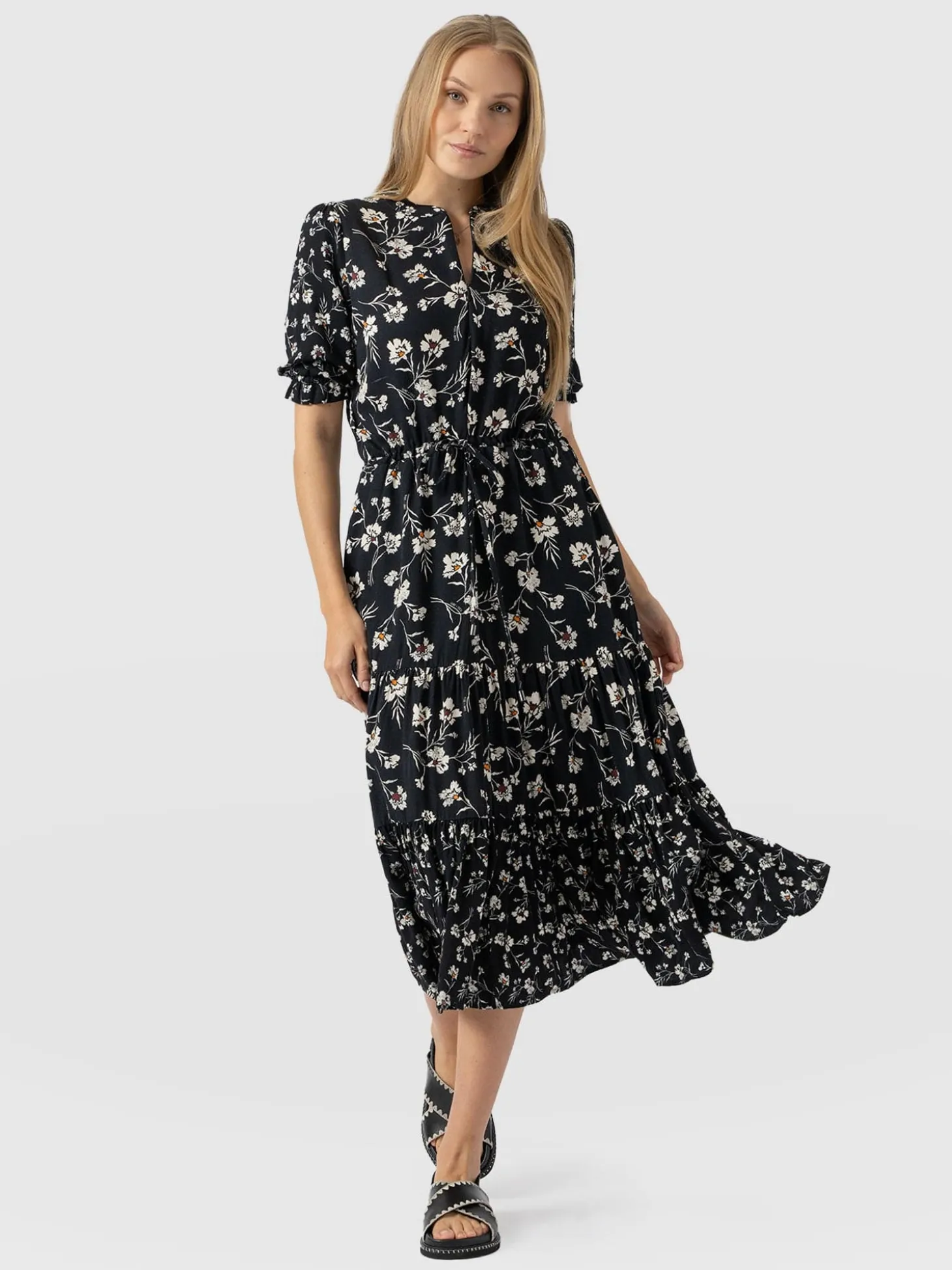 Olivia Zip Up Short Sleeve Dress - Black Spring Floral