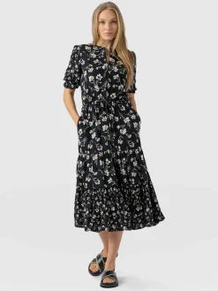 Olivia Zip Up Short Sleeve Dress - Black Spring Floral