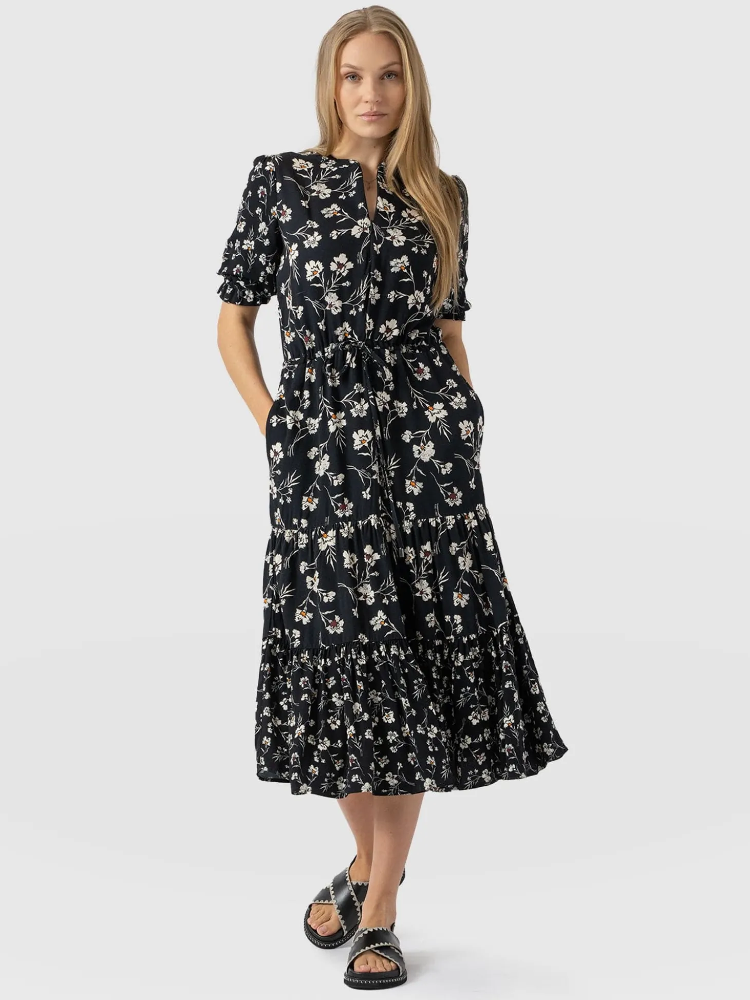Olivia Zip Up Short Sleeve Dress - Black Spring Floral