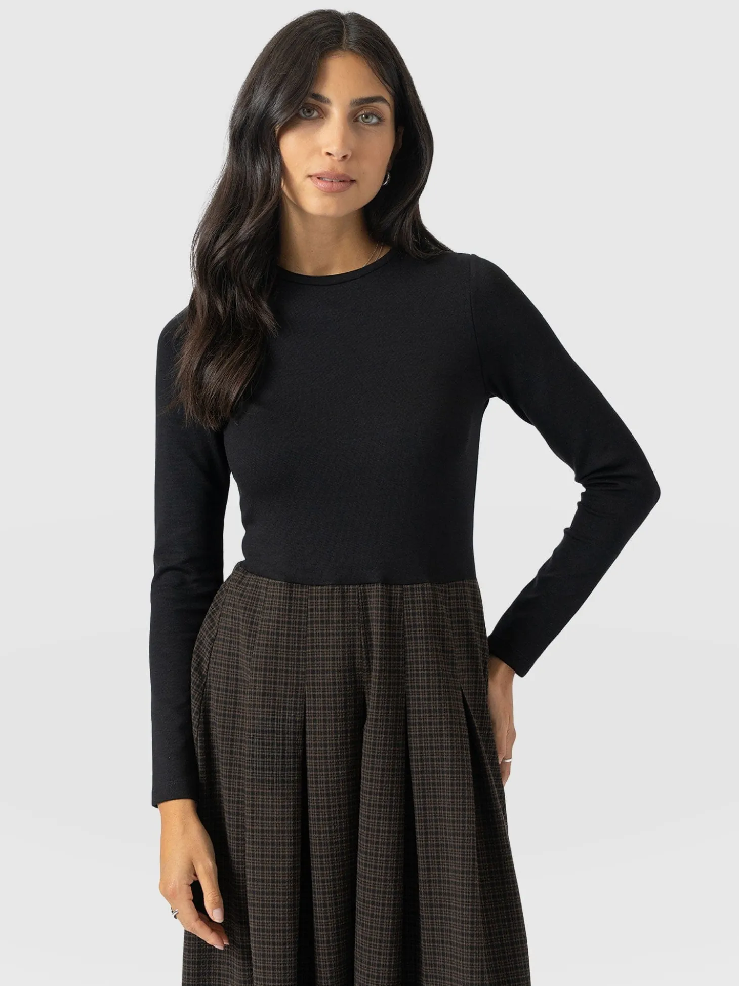 Renee Contrast Long Sleeve Dress - Brown Check
