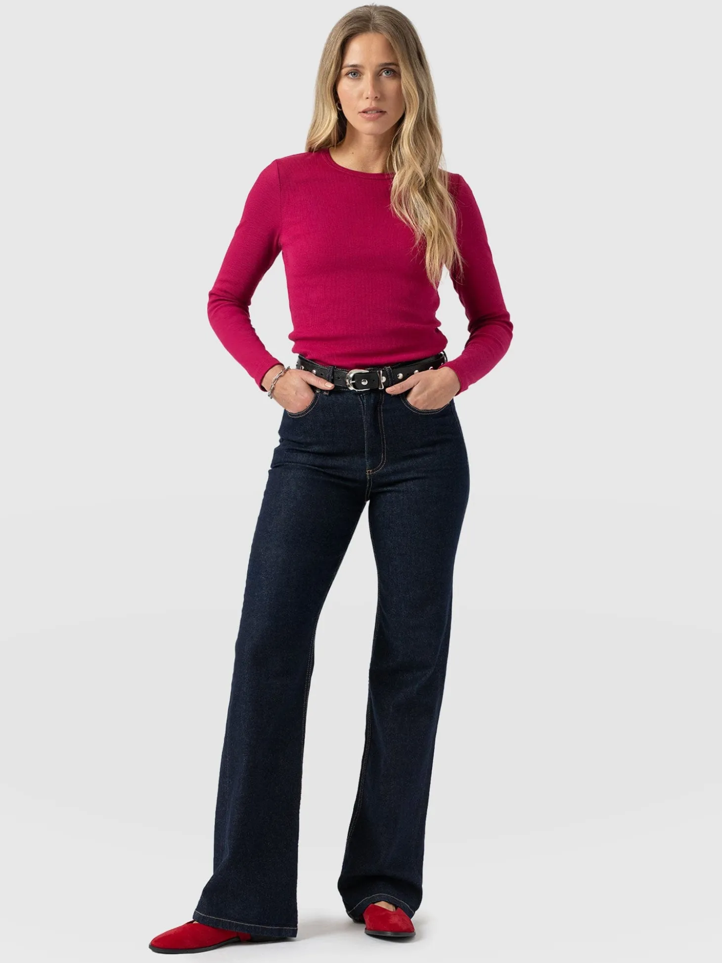 Ribbed Long Sleeve Tee - Fuchsia Pink