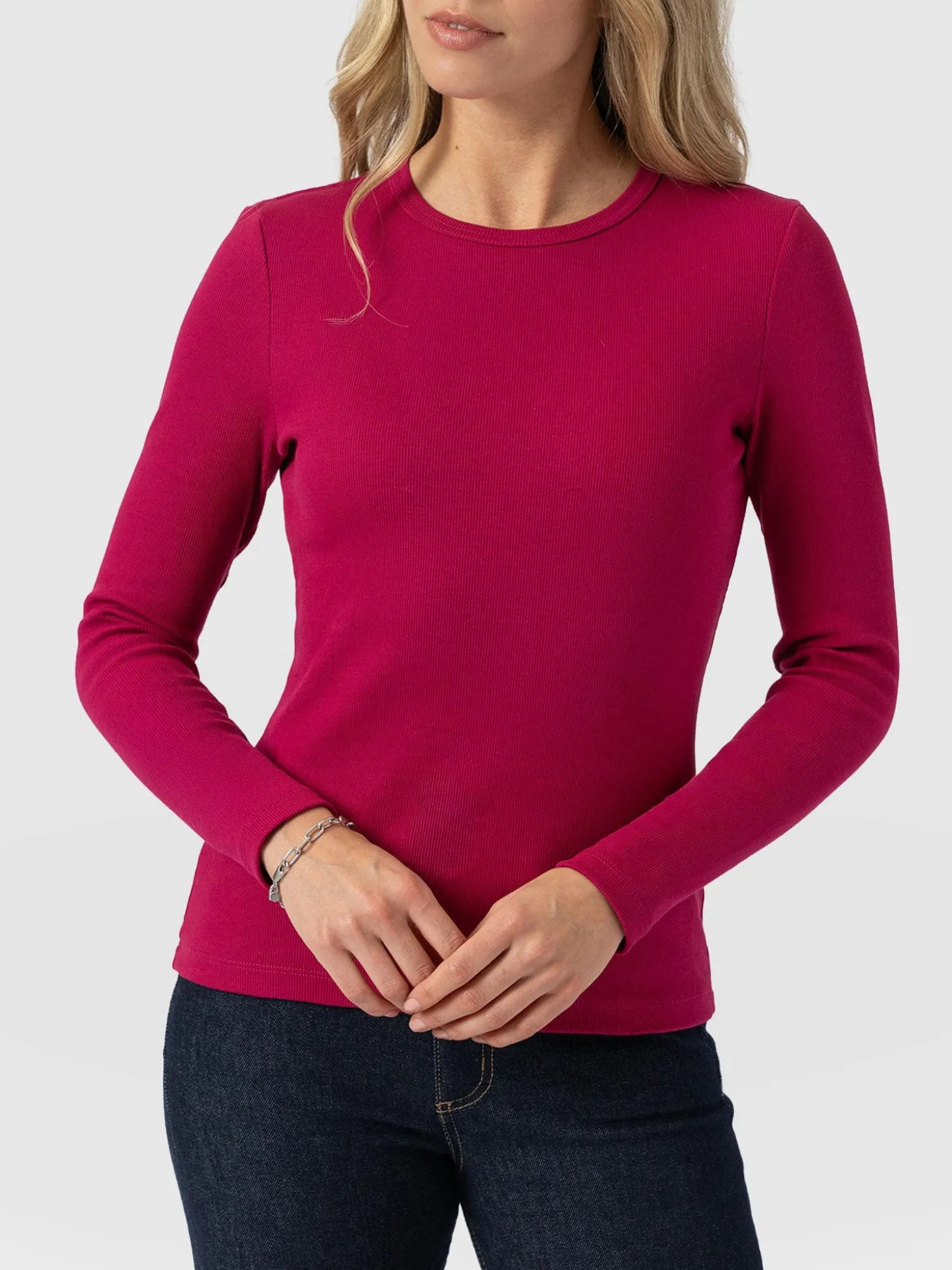Ribbed Long Sleeve Tee - Fuchsia Pink