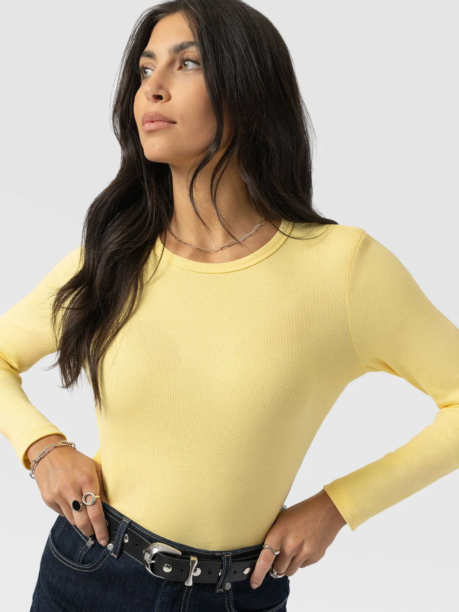 Ribbed Long Sleeve Tee - Pale Yellow