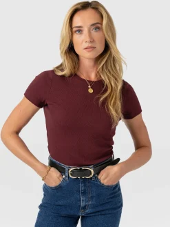 Ribbed Short Sleeve Tee - Burgundy