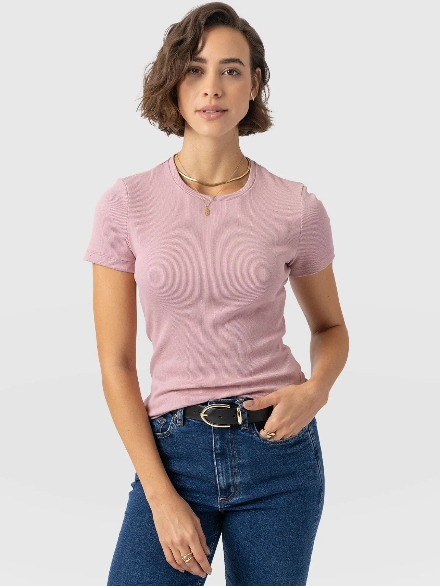 Ribbed Short Sleeve Tee - Pale Pink