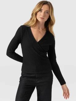 Rosa Wrap Tee Long Sleeve - Black Rib