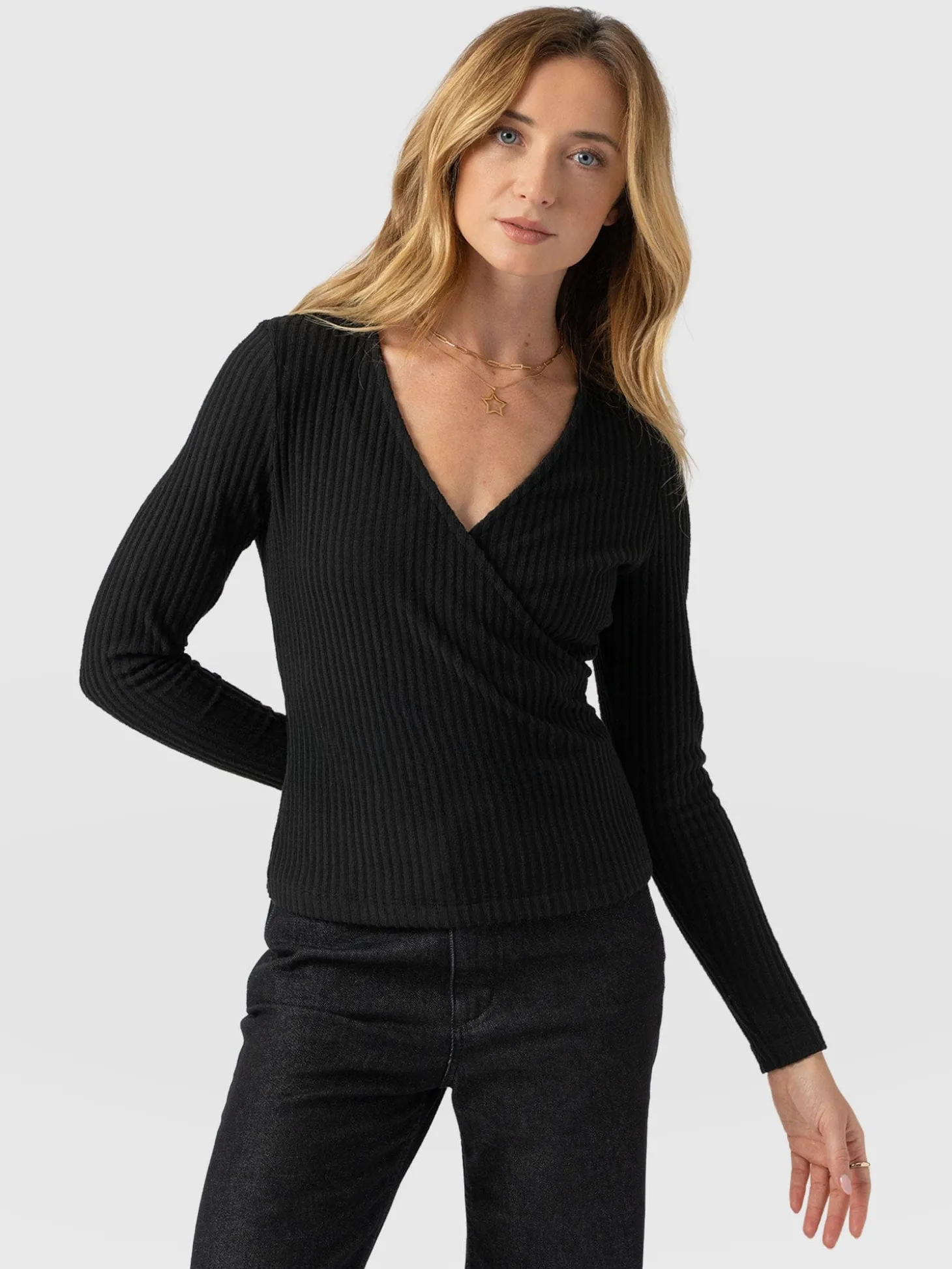 Rosa Wrap Tee Long Sleeve - Black Rib