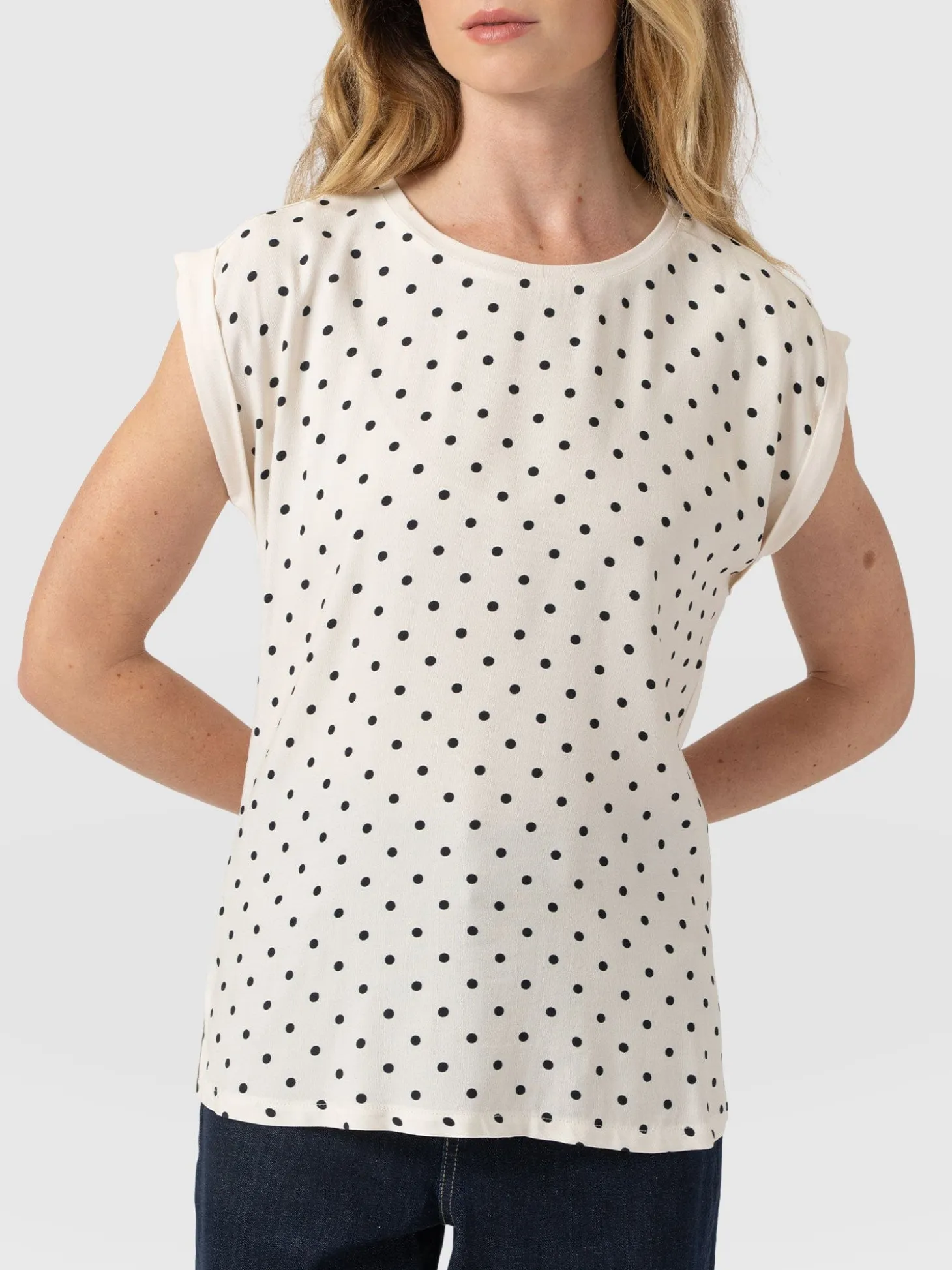 Turn Up Contrast Tee - Cream Polka Dot