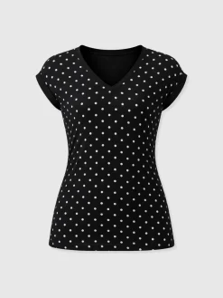 Turn Up Contrast V Neck Tee - Black Polka Dot