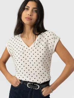 Turn Up Contrast V Neck Tee - Cream Polka Dot